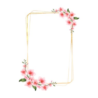 Pembe Orkide Çiçekleri düğün, selamlama ya da davetiye kartı için suluboya sınırı. Yaz ya da bahar şablonu için parlak altın çerçeveli lüks klasik çiçekler. Vektör illüstrasyonu.