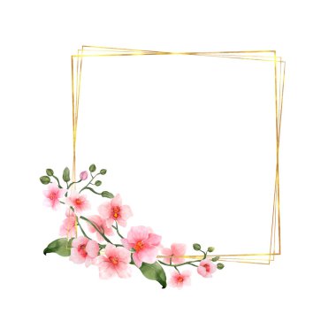 Pink Orchid Flowers watercolor border for wedding, greeting or invitation card isolated. Luxury vintage flowers with shiny gold frame for summer or spring template. Vector illustration.