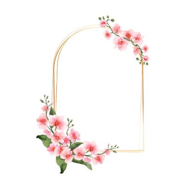 Pink Orchid Flowers watercolor border for wedding, greeting or invitation card isolated. Luxury vintage flowers with shiny gold frame for summer or spring template. Vector illustration.