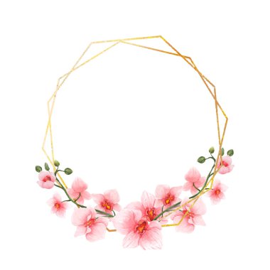 Pembe Orkide Çiçekleri düğün, selamlama ya da davetiye kartı için suluboya sınırı. Yaz ya da bahar şablonu için parlak altın çerçeveli lüks klasik çiçekler. Vektör illüstrasyonu.