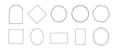 Geometrik çerçeve dizaynı. Soyut siluet, beyaz arkaplanda izole edilmiş grafik şablonu şekillendirir. Düğün veya davetiye için dekoratif sınır unsurları. Vektör illüstrasyonu.