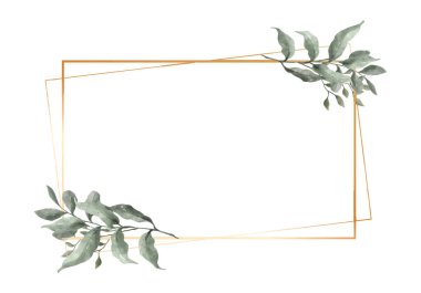 Yeşil Yaprak Suluboya, beyaz arka planda izole edilmiş geometrik lüks altın çerçeveli. Düğün, davetiye ve kart çizimi için doğal sınır.