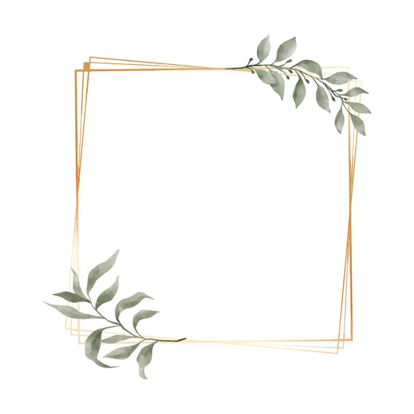 Greenery Leaf Akvarell Med Geometrisk Lyx Guld Ram Isolerad Vit — Stock vektor