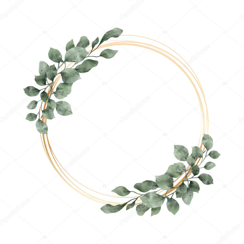 Greenery Leaf Watercolor with geometric luxury gold frame isolated on white background. Natural border for wedding, invitation and card vector illustration.