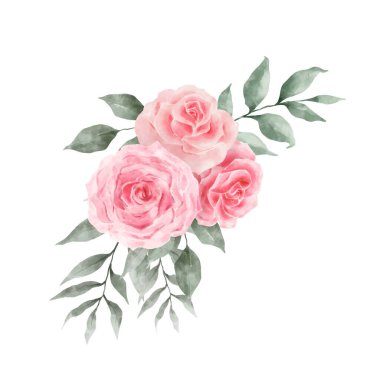 Pembe ve Kırmızı Gül Çiçekleri suluboya vektörü beyaz arkaplanda izole edilmiş. Klasik Çiçekler ve Yapraklar düğün ve davetiye kartı için grafiksel. Çiçek illüstrasyonu.