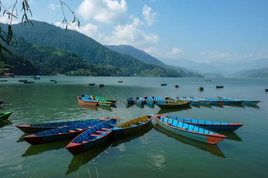 Pokhara, Nepal - Ekim 2021: Pokhara, Nepal 'de 28 Ekim 2021' de Phewa Gölü 'ndeki botlar.