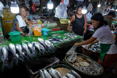 San Jose, Filipinler - Mayıs 2022: İnsanlar 3 Mayıs 2022 'de San Jose, Batı Mindoro, Filipinler' de balık satıyor.