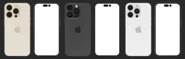 iPhone 14 profosyonel siyah, beyaz ve altın rengi boş ekran model vektörü seti