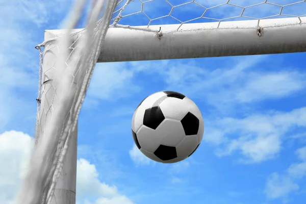 Soccer ball shoot to goal in triangle — Stock Photo, Image