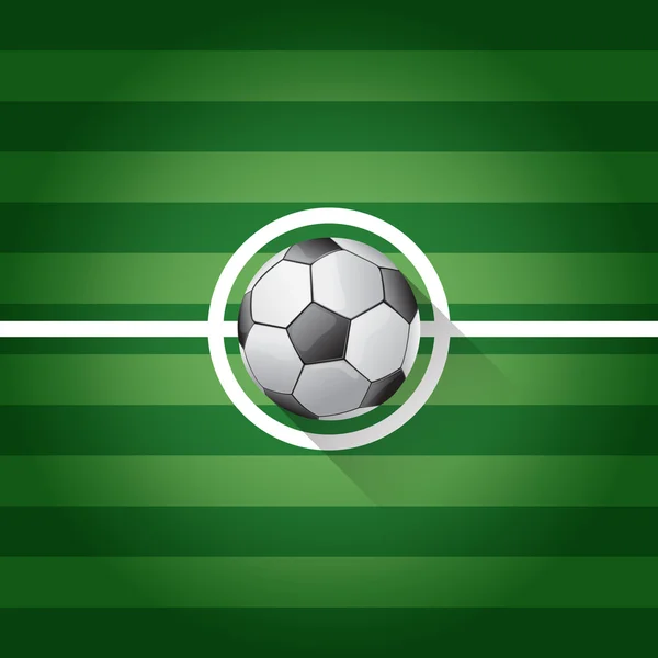 Soccer ball long shadow on center of grass field - vector illust — Stock Vector