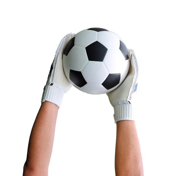 Goalkeeper's hands catching soccer ball on white background path — Stock Photo, Image