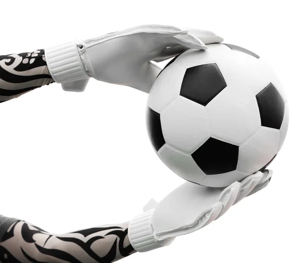 Mãos de goleiro pegando a bola de futebol no fundo branco — Fotografia de Stock