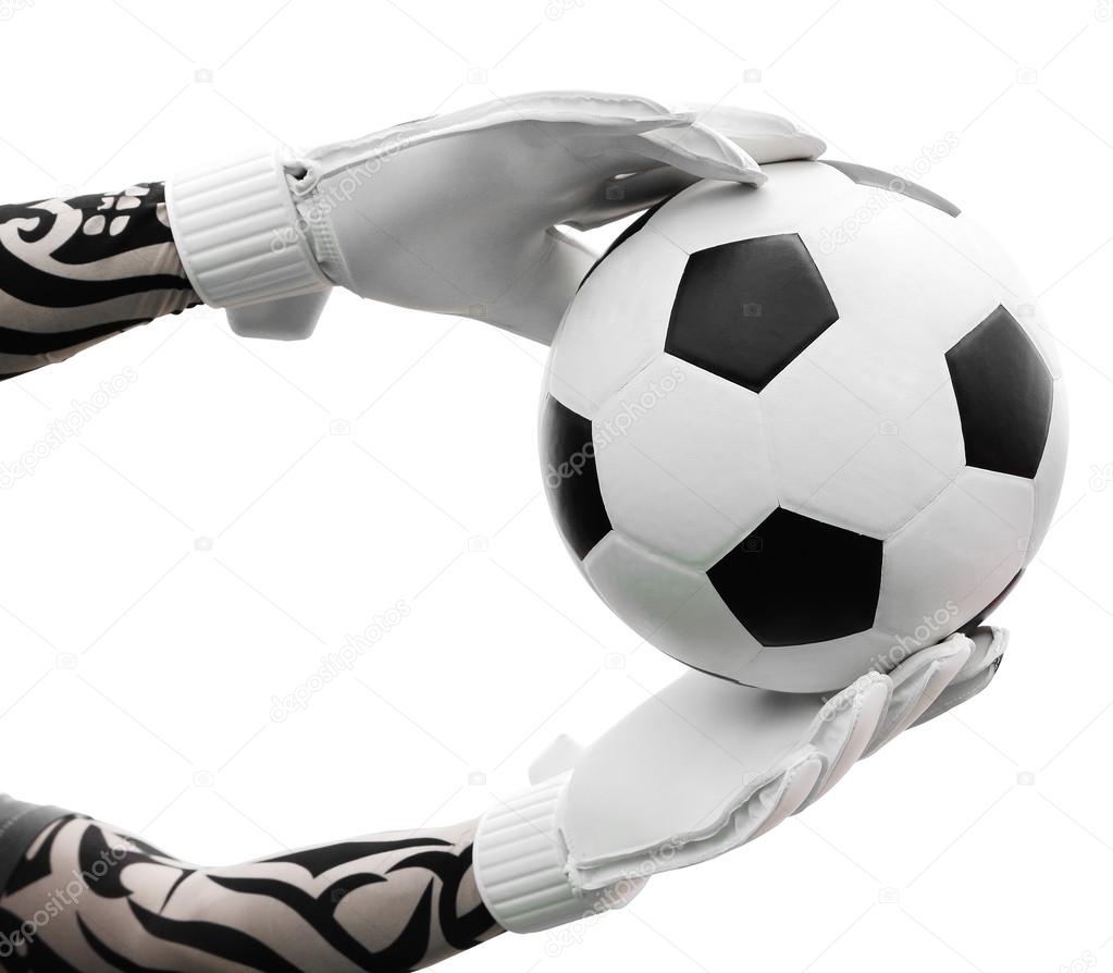 Goalkeeper's hands catching the soccer ball on white background