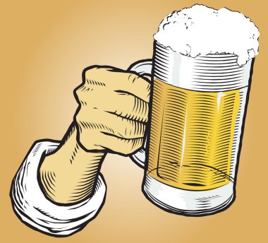 Bira bardağı elinde.