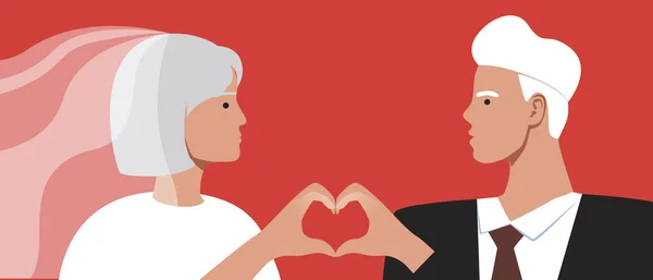 Την Ημέρα Του Γάμου Του Ηλικιωμένου Ζευγαριού Επίπεδη Διανυσματική Απεικόνιση — Διανυσματικό Αρχείο