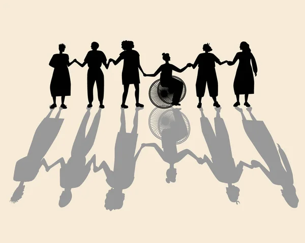 Donne Che Tengono Mano Silhouette Vettore Stock Illustrazione Con Gruppo — Vettoriale Stock