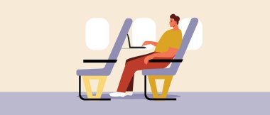 Uçakta çalışan yolcular, düz vektör stok illüstrasyonunda dizüstü bilgisayarı ya da bilgisayarı olan erkek serbest yazar