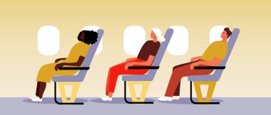 Uçaktaki farklı yolcular, genç, yetişkin ve yaşlı insanlarla dolu düz vektör stok çizelgesi.