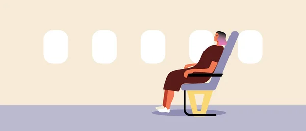 单身女子在飞机上 用年轻女子作为乘客坐在椅子上作为飞行概念的平面矢量鱼群图解 — 图库矢量图片