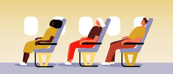 Различные Пассажиры Самолете Плоский Векторный Фондовый Иллюстрация Молодыми Взрослыми Пожилыми — стоковый вектор