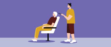 Yaşlı bir adam, kuaför salonu, saç kesimi eski bir müşteri ve berber dükkanında kuaför.