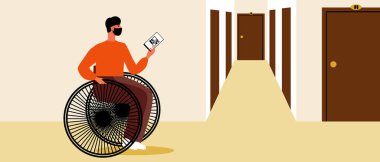 QR kodlu engelli kişi, otel girişi, düz vektör stok illüstrasyonu dahil hostel veya yurt ve QR kodlu oda rezervasyonu için telefonda