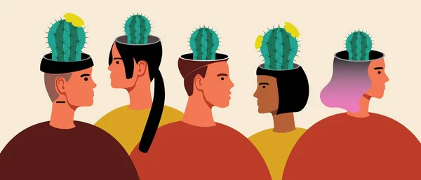 People with Mental Disorders, Self-help group, Flat Vector Stock Illustration with Mental Problems and Cactus in Head for Bipolar, Borderline Disorder