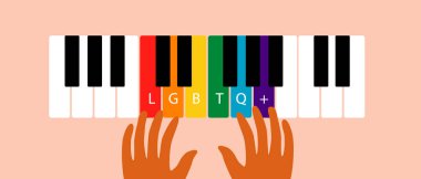 LGBT Piyano Anahtarları Üzerinde Eller, LGBTQ Başarı, Müzisyen Elleriyle Düz Vektör Sermaye İllüstrasyonu LGBT Halkın Başarı Kavramı