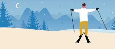 Mutlu kayakçılar, kayak merkezleri, düz vektör stok çizimleri, boş zamanlarında kayak yapmak ve karlı kayak merkezleri