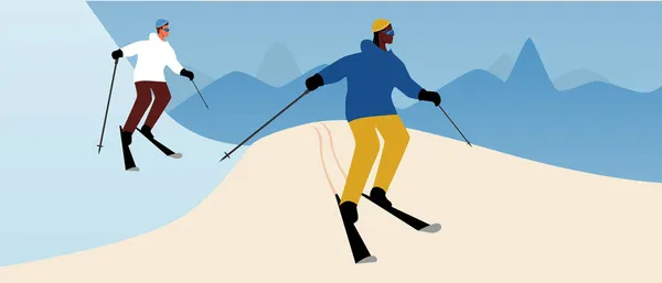 Personnes Ski Alpin Vecteur Plat Illustration Stock Avec Des Amis — Image vectorielle