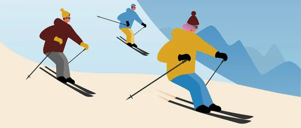 Les Skieurs Ski Alpin Illustration Stock Vectoriel Plat Avec Des — Image vectorielle