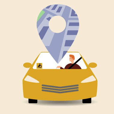 Otomatik sürücü izole edilmiş, kapsayıcı sürücü, Tekerlekli sandalye teknolojili düz vektör stok çizimi veya GPS otomatik pilot