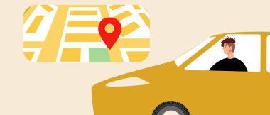 Haritadaki araba, ikili olmayan kişi sürücüsü, haritada veya GPS teknolojisinde online coğrafi konumlandırması olan düz vektör stok çizimi