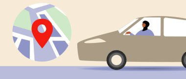 Çevrimiçi Arama Olarak Haritada Araç Seyrüsefer, İslami Kadın Sürücüsü, Sabit Vektör Stok Resimleri ve GPS Haritası