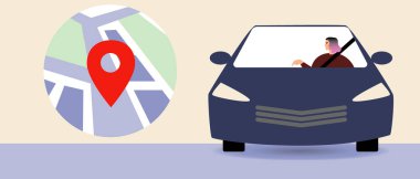 Haritada ya da Navigasyon Uygulamasında Konumlandırmalı Otomobil Seyrüsefer, Kadın Sürüşü, Düz Vektör Stoku İllüstrasyonu