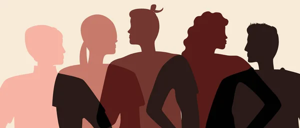 Different skin color, group of people, silhouette vector stock illustration with community of people, different ethnicity or diversity black skin, asian people