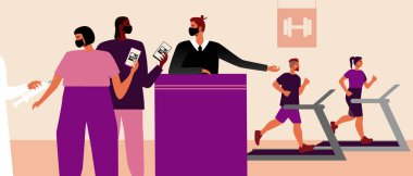 Aşılanan bir çift, spor salonuna gitmek için QR kodu, Aşılanmış spor merkezinde aşı sertifikası olarak QR kodlu düz vektör stok çizimi