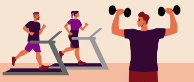 Spor salonundaki insanlar, düz vektör stok çizimleri, dambıllı spor, erkekler ve kadınlar spor ya da spor için spor merkezine giderler.