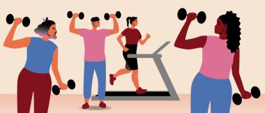 Spor salonundaki insanlar, koşu bandıyla düz vektör stok çizimi, dambıllı spor, farklı etnik kökenli insanlar, spor salonunda dambılı olan Afro insanlar.