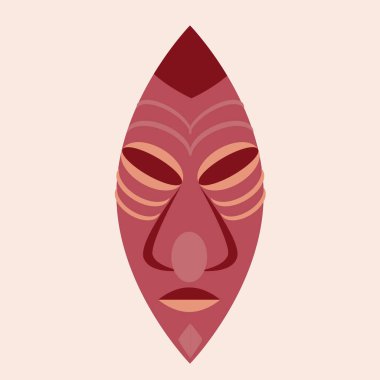 Tahta yüz tılsımı izole edilmiş, düz vektör stok çizimi, tahta korkunç kafa Afrika kültürünün ve kırışıklıkların sembolü.