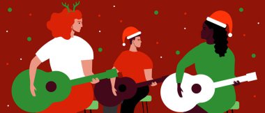 Noel Konseri, Gitarlı İnsanlar, Çok Kültürlü Müzisyen Gitaristlerle Yeni Yıl ve Akustik Müzikle Düz Vektör İllüstrasyonu