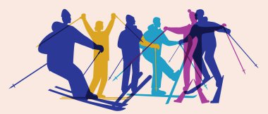 İzole edilmiş kayak yapan insanların siluetleri, erkek ve kadınların oluşturduğu düz vektör stok çizimleri, atletlerin oluşturduğu kalabalık.