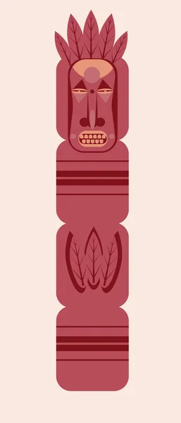 Wooden Totem Idol Isolated Flat Vector Stock Illustration Face Feathers — Vetor de Stock