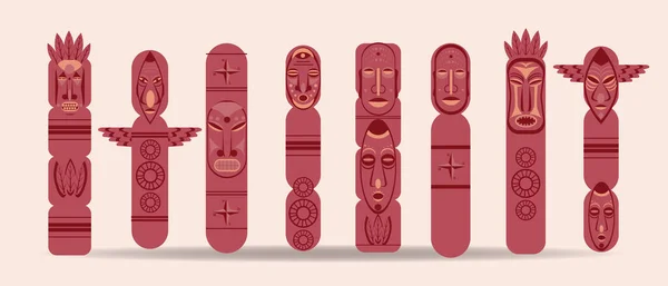 Set Wooden Totems Isolated Outline Vector Stock Illustration Icon Symbol — Stockvektor