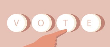 VOTE metninin düğmesi, üzerinde Finger tuşları olan düz vektör hisse senedi illüstrasyonu, seçim konsepti olarak seçmen eli, referandum, oy kullanma