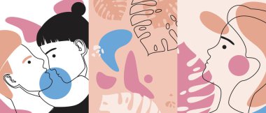 Birkaç ana hatlı yüz. Modern kolaj. Vektör hisse senedi çizimi. Geometrik şekilli bir kadının portresi ve modern minimalist tarzda bitkiler.