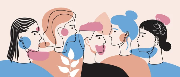 Modern soyut taslak insanların yüzlerini sanatla, çeşitli geometrik şekillerle çiziyor. Vektör hisse senedi çizimi. Farklı kadın ve erkek yüzleri, kalabalık ya da bir grup insan. Minimalizm tarzı