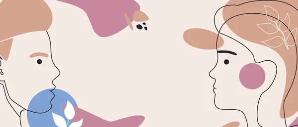 Modern tarzda özet bir çift, uzay şablonunu kopyalayın. Vektör hisse senedi çizimi. Metinler için minimalist şekiller. Üst üste koymak için soyut profil erkek ve kadın