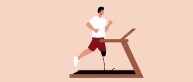 Koşu bandında protezle koşan engelli biri, izole bir koşucu, spor konsepti olarak egzersiz makinesi ve koşu bandı üzerinde koşu bandı gibi kapsayan bir egzersiz makinesi olan düz vektör stok çizimi.