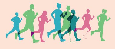 Özel koşma, koşan insanlar, protez, spor yarışması, koşu, maraton ya da maraton olarak koşan biriyle siluet vektör stok çizimi